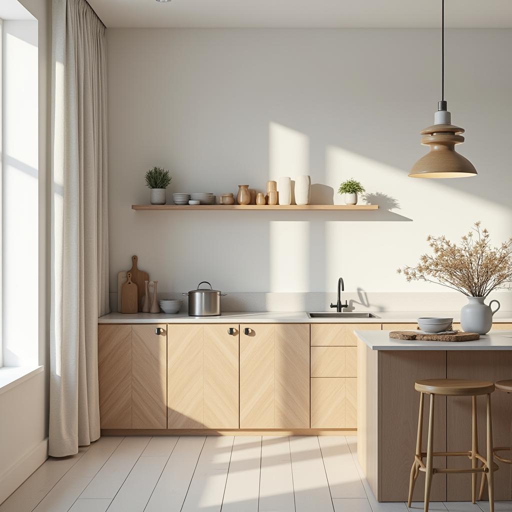  this editorial photography captures a kitchen, styled as the heart of the home where meals are prepared, featuring a minimalist design defined by simplicity, functionality, clean lines, and uncluttered spaces. the photography, inspired by pieter estersohn, utilizes a dutch angle shot to offer a creative perspective of the serene environment. the kitchen is outfitted with chevron zigzag stripe patterned furniture and an island layout made of pine. the soft daylight lighting enhances the sleek minimalism decoration. the image exudes a clean, understated style with neutral tones and a sparse composition, creating a modern and uncluttered aesthetic. dominant in tasman color (rgb 207 220 207), complemented by alto (rgb 219 219 219), and accented