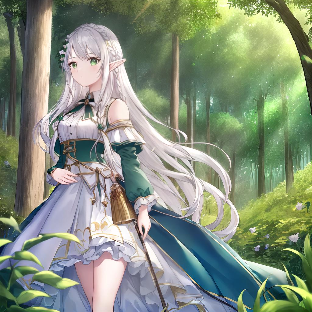  masterpiece, best quality,(Masterpiece, Best quality, High quality, High level, Ultra detailed), Realism, 1 sweet girl, Bigger,(side braid: 1.1), long hair,((white hair)), leaf hair accessory, elf, green eyes, pale skin, bare shoulders, jewelry, white dress,(separated sleeves: 1.1), bracelet,(look away: 1.2),(hair floating: 1.3), from the side,(in forest: 1.3),(lens flare from right: 1.2)