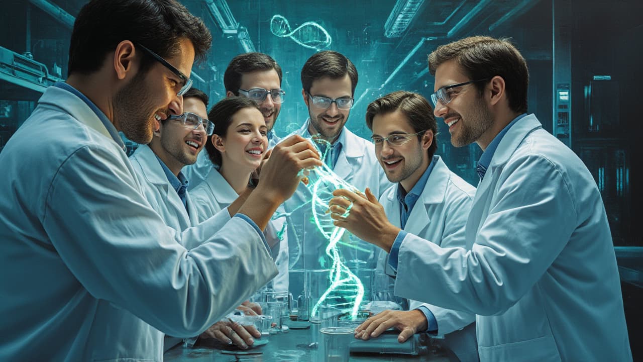  good quality, high quality, a realistic painting of a scientific breakthrough, a group of scientists celebrating around a holographic dna structure in a cutting edge lab. the focus is on their ecstatic faces illuminated by the glowing hologram. the lab is filled with futuristic equipment. created using: oil on canvas, impressionist brushstrokes, vibrant lighting, soft shadows, muted color palette with bright blues and greens, sci fi inspiration, detailed facial expressions, dynamic composition, hd quality, natural style