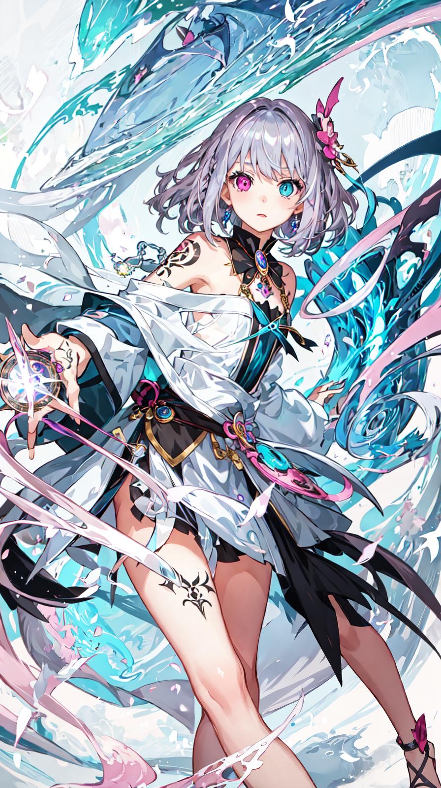  master piece , best quality,master piece,girl,(child) BREAK heterochromia,deep pink eye,light blue eye BREAK medium hair,silver hair BREAK wizard,tattoo BREAK magic,fantasy