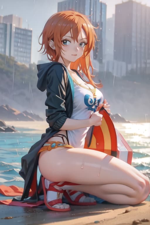  Nami from one piece tweaking in the rain on a beach, full body