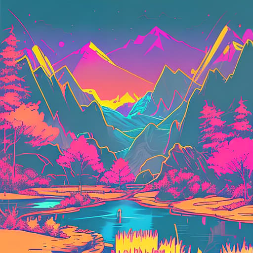 nvinkpunk Whimsical mountains with pond and trees in valley