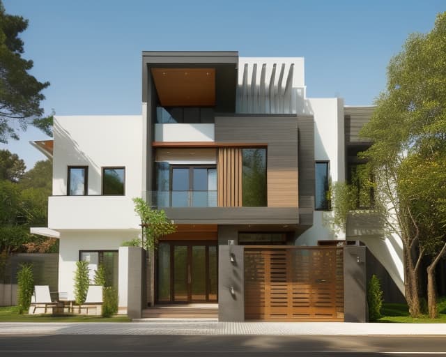  Modern villa exterior architecture, daylight hours, beautiful modern materials, wood window, bright colors in harmony with the surrounding landscape