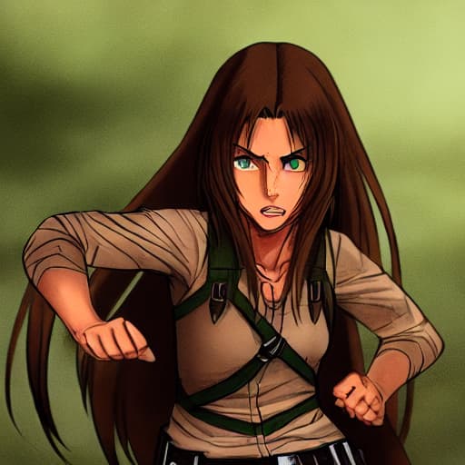  A girl with long brown hair, green eyes, light skin tone set in the Attack On Titan Art Style and World