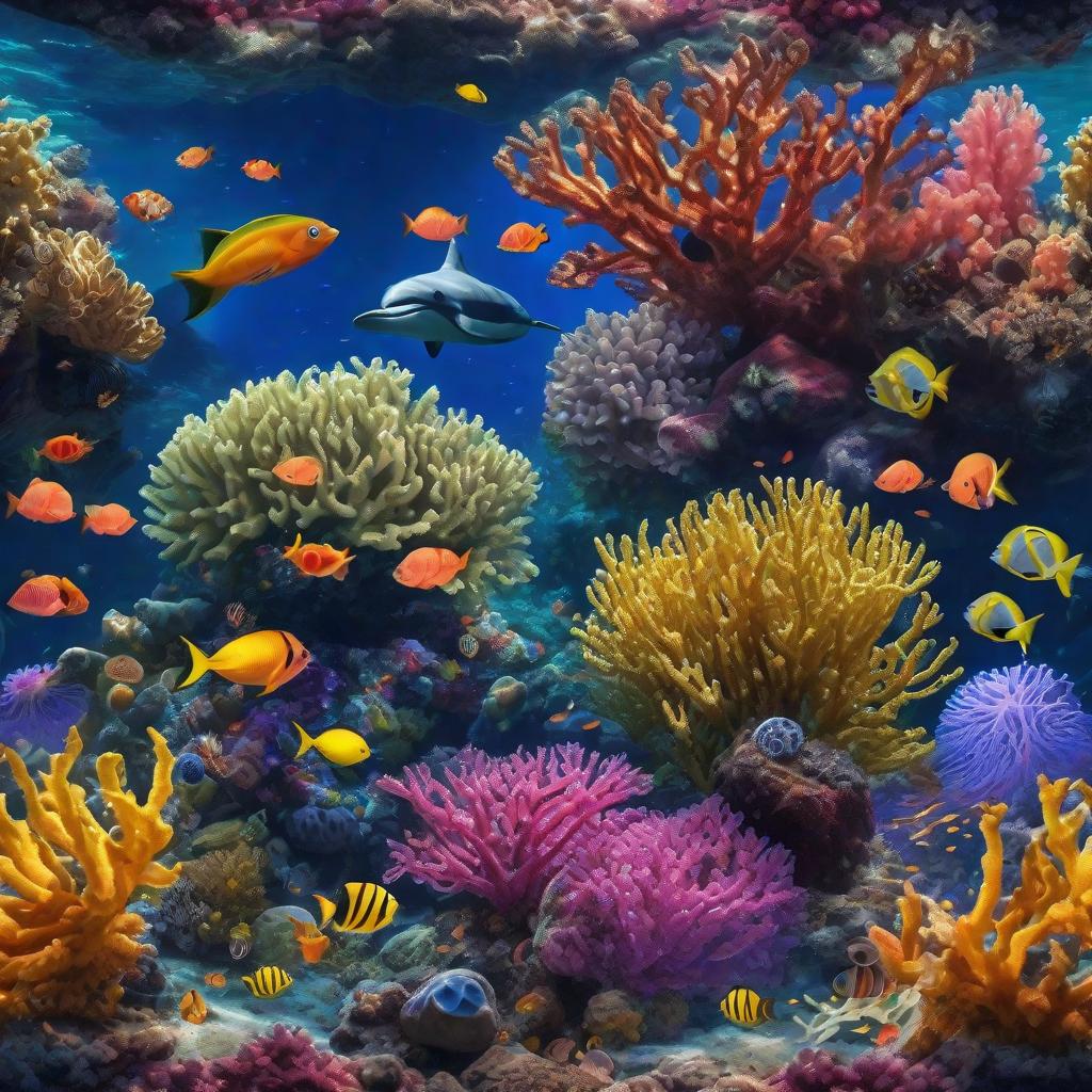  masterpiece, best quality, beautiful deep sea full of corals, diverse marine life and fascinating underwater landscapes with corals, appendages, small fish, anemones, dolphins, various algae, caves, colorful, 8k resolution and intricate detail