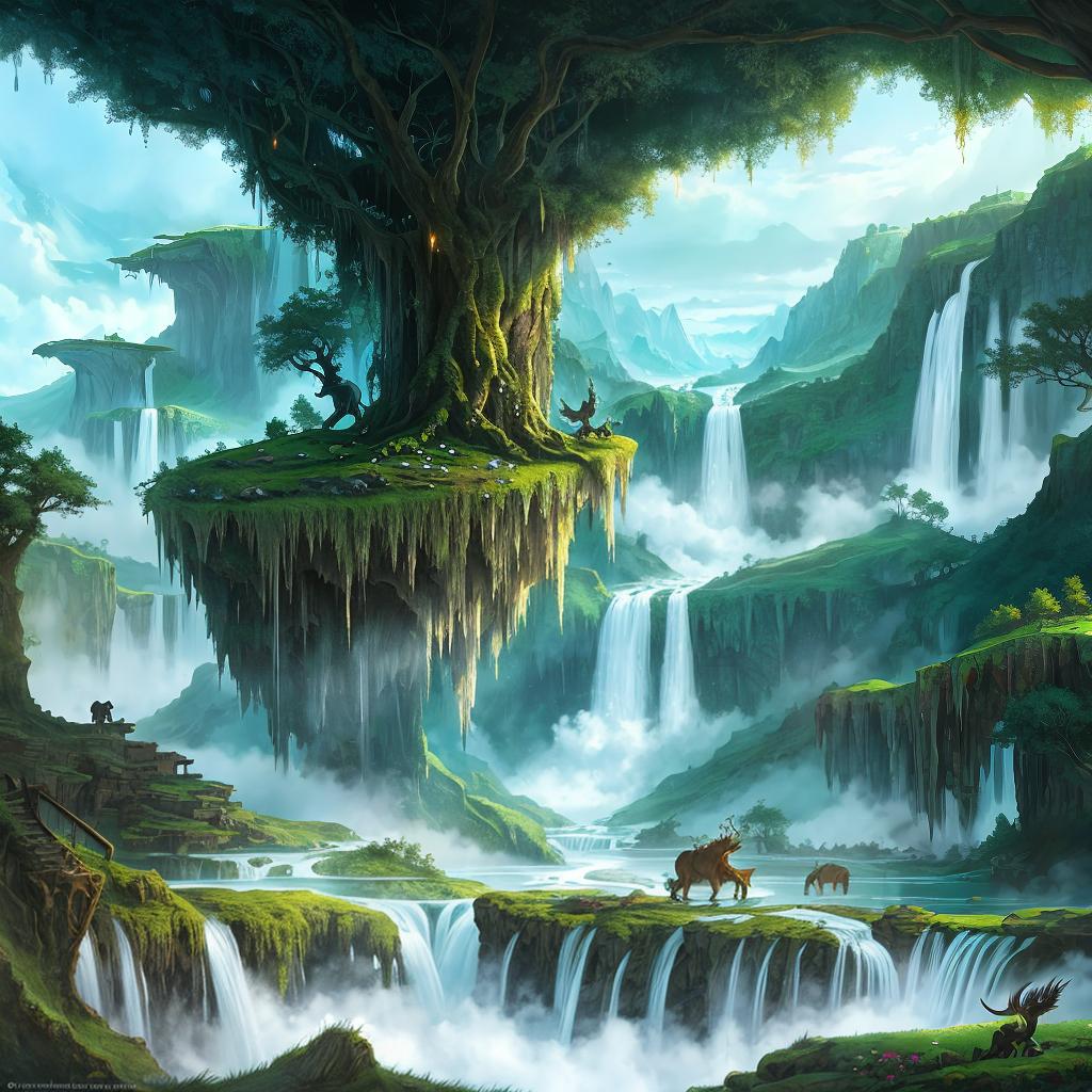  in a fantasy setting, Paint a surreal landscape where mythical beasts roam amidst cascading waterfalls.