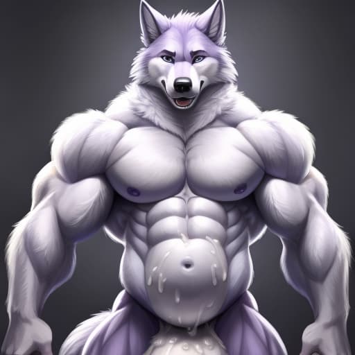  male, (Hyper muscular), wolf, anthropomorphic, purple and white fur, eyes without irises and pupils, full body (cock vore), (ejaculate), open eyes, digital art, masterpiece, 4k, fine details,