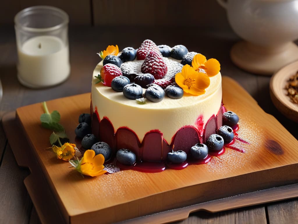  A closeup, photorealistic image of a decadent cheesecake with a perfectly goldenbrown crust, topped with a generous layer of glossy mixed berry compote and delicate edible flowers, displayed on a rustic wooden serving board. The cheesecake is flawlessly creamy with a hint of vanilla bean specks, and the vibrant colors of the berries pop against the creamy backdrop, creating a visually stunning and mouthwatering dessert masterpiece. hyperrealistic, full body, detailed clothing, highly detailed, cinematic lighting, stunningly beautiful, intricate, sharp focus, f/1. 8, 85mm, (centered image composition), (professionally color graded), ((bright soft diffused light)), volumetric fog, trending on instagram, trending on tumblr, HDR 4K, 8K