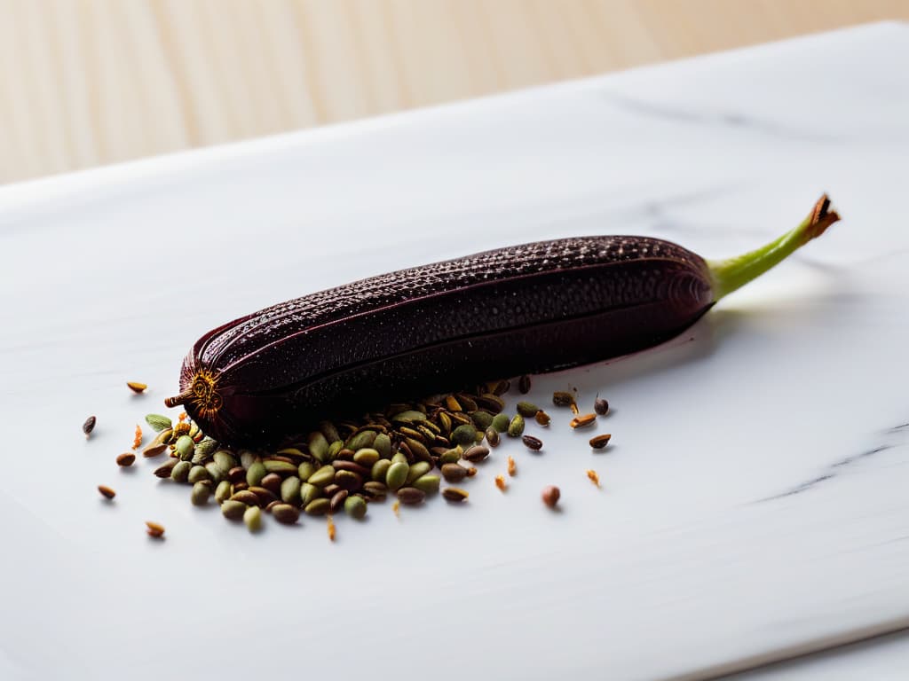  A closeup, ultradetailed image of a single vanilla bean from Madagascar, showcasing its intricate texture and rich aroma. The bean is delicately placed on a sleek, modern kitchen countertop, with soft natural light illuminating its elegant curves and tiny vanilla seeds peeking through its dark surface. This minimalist composition highlights the luxurious and sophisticated nature of using Madagascar vanilla in pastry, inviting the viewer to explore the secrets and beauty of this exquisite ingredient. hyperrealistic, full body, detailed clothing, highly detailed, cinematic lighting, stunningly beautiful, intricate, sharp focus, f/1. 8, 85mm, (centered image composition), (professionally color graded), ((bright soft diffused light)), volumetric fog, trending on instagram, trending on tumblr, HDR 4K, 8K