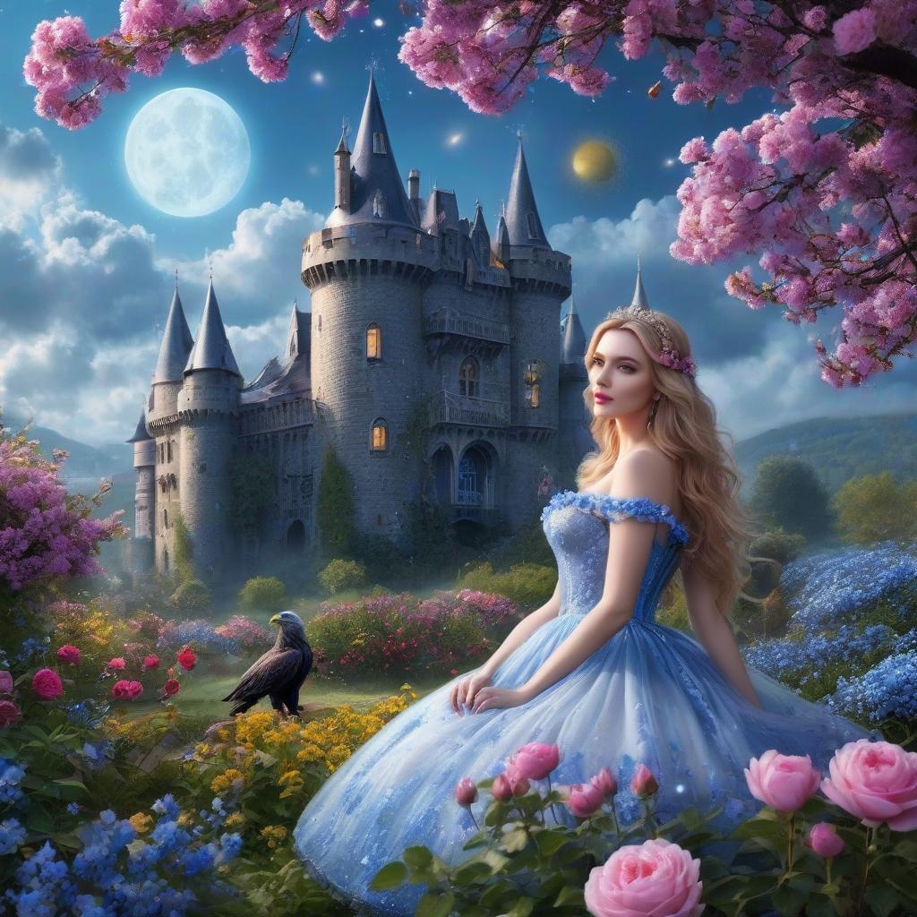  Gothic castle. Flying saucer. Space, fantasy. Purple, blue, silver colors. Moon. The girl in the gold dress. A very pretty girl. Garden of Eden. Rain. Fairy tale blue eyed eagle. Fairy tale blue eyed eagle. ((Sparkling rim)): spring field, hyacinths, roses, rosehips, rose hips, peonies, cherry tree, yellow, red, black flowers, forget me nots. Clear eyes hyperrealistic, full body, detailed clothing, highly detailed, cinematic lighting, stunningly beautiful, intricate, sharp focus, f/1. 8, 85mm, (centered image composition), (professionally color graded), ((bright soft diffused light)), volumetric fog, trending on instagram, trending on tumblr, HDR 4K, 8K