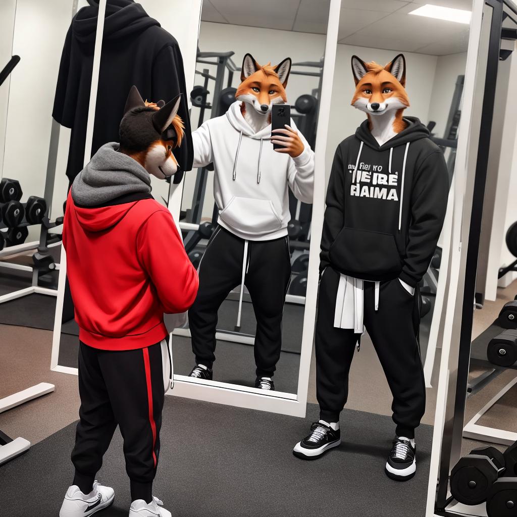  as a cinematic render, Anthro male fox, sweatshirt, sweatpants, in a gym, selfie, in mirror, smiling, full length portrait hyperrealistic, detailed clothing, 4K, 8K