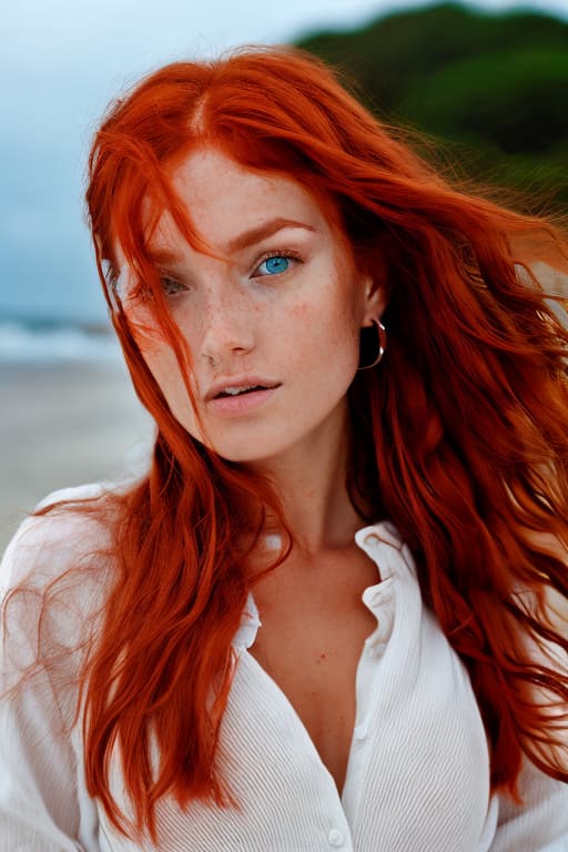 portrait+ style Red haired girl on the beach