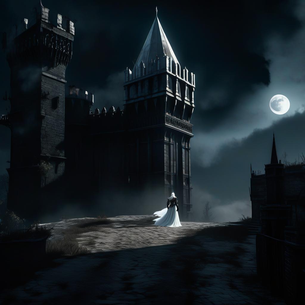  dystopian style Scene, close up, bird's eye view, a black Gothic tower with a balcony is standing in the lower right corner. A girl in a white dress, with white hair and bare feet is standing on the balcony. From the upper left corner, a knight in black armor is riding along the road towards the tower on the blackened ground, everything is happening at night under the full moon. In the frame, there should be a knight in black armor. . bleak, post apocalyptic, somber, dramatic, highly detailed hyperrealistic, full body, detailed clothing, highly detailed, cinematic lighting, stunningly beautiful, intricate, sharp focus, f/1. 8, 85mm, (centered image composition), (professionally color graded), ((bright soft diffused light)), volumetric fog, trending on instagram, trending on tumblr, HDR 4K, 8K