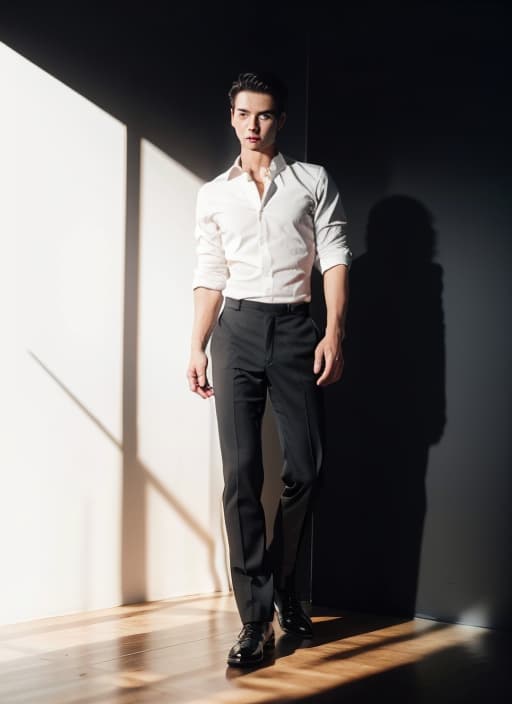  Male model in a close up shot, wearing a fitted black dress shirt with rolled up sleeves, standing against a plain black background with soft lighting, high resolution, detailed textures, and sharp focus. style RAW,ADVERTISING PHOTO,high quality,masterpiece