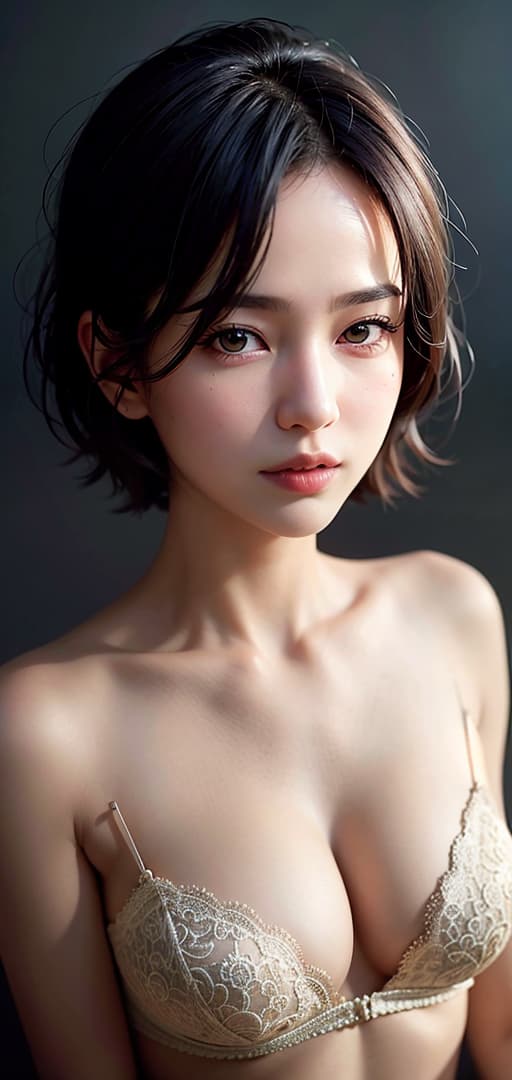  Best quality, masterpiece, ultra high res, (photorealistic:1.4), raw photo, (detail face:1.3), (realistic skin), deep shadow, dramatic lighting, short hair, high nose, almond eyes, slightly busty, wide hips, black hair, seems straightforward, Iwanami Shiori, Natsukawa, deep shadow, dramatic lighting, portrait, portrait size, unedited, symmetrical balance