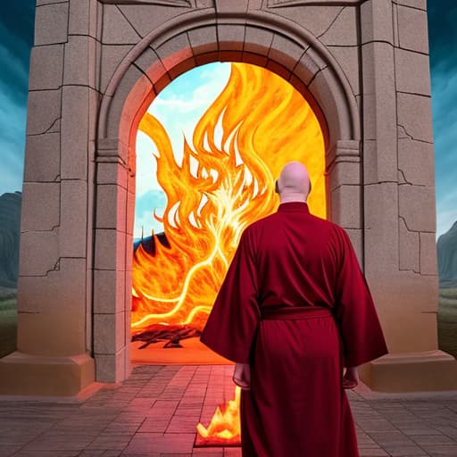  evil bald man in robes in front of a fiery portal