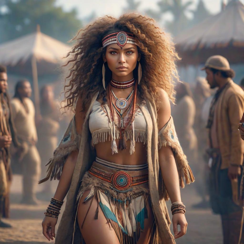  american indian half african american with curly hair girl hyperrealistic, full body, detailed clothing, highly detailed, cinematic lighting, stunningly beautiful, intricate, sharp focus, f/1. 8, 85mm, (centered image composition), (professionally color graded), ((bright soft diffused light)), volumetric fog, trending on instagram, trending on tumblr, HDR 4K, 8K