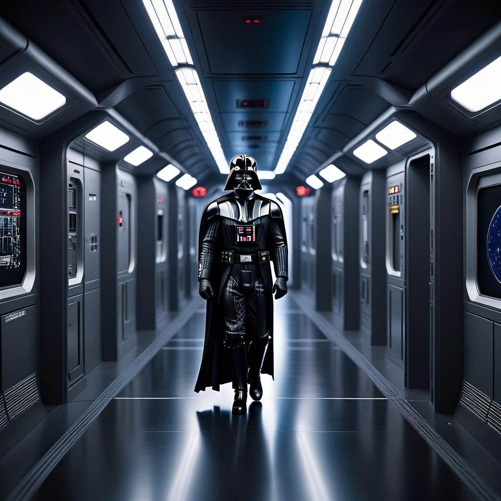  cinematic photo Darth Vader walks along the corridors of a space station, a view from the front, his cape visible. . 35mm photograph, film, bokeh, professional, 4k, highly detailed hyperrealistic, full body, detailed clothing, highly detailed, cinematic lighting, stunningly beautiful, intricate, sharp focus, f/1. 8, 85mm, (centered image composition), (professionally color graded), ((bright soft diffused light)), volumetric fog, trending on instagram, trending on tumblr, HDR 4K, 8K