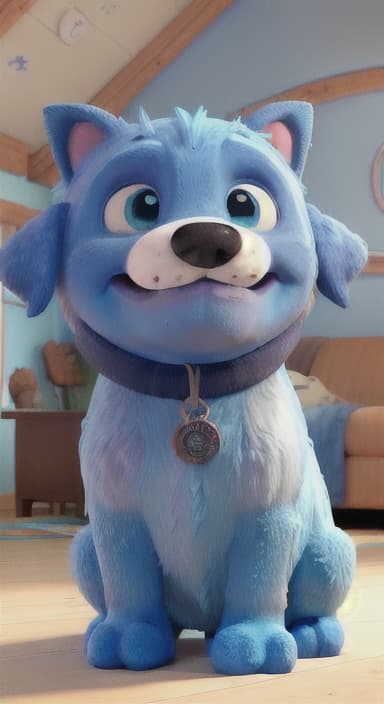  {Max snuggled up in his comfy dog bed inside the house, fast asleep, The big blue dog is large with sky blue fur, big round eyes, a black nose, and floppy ears.