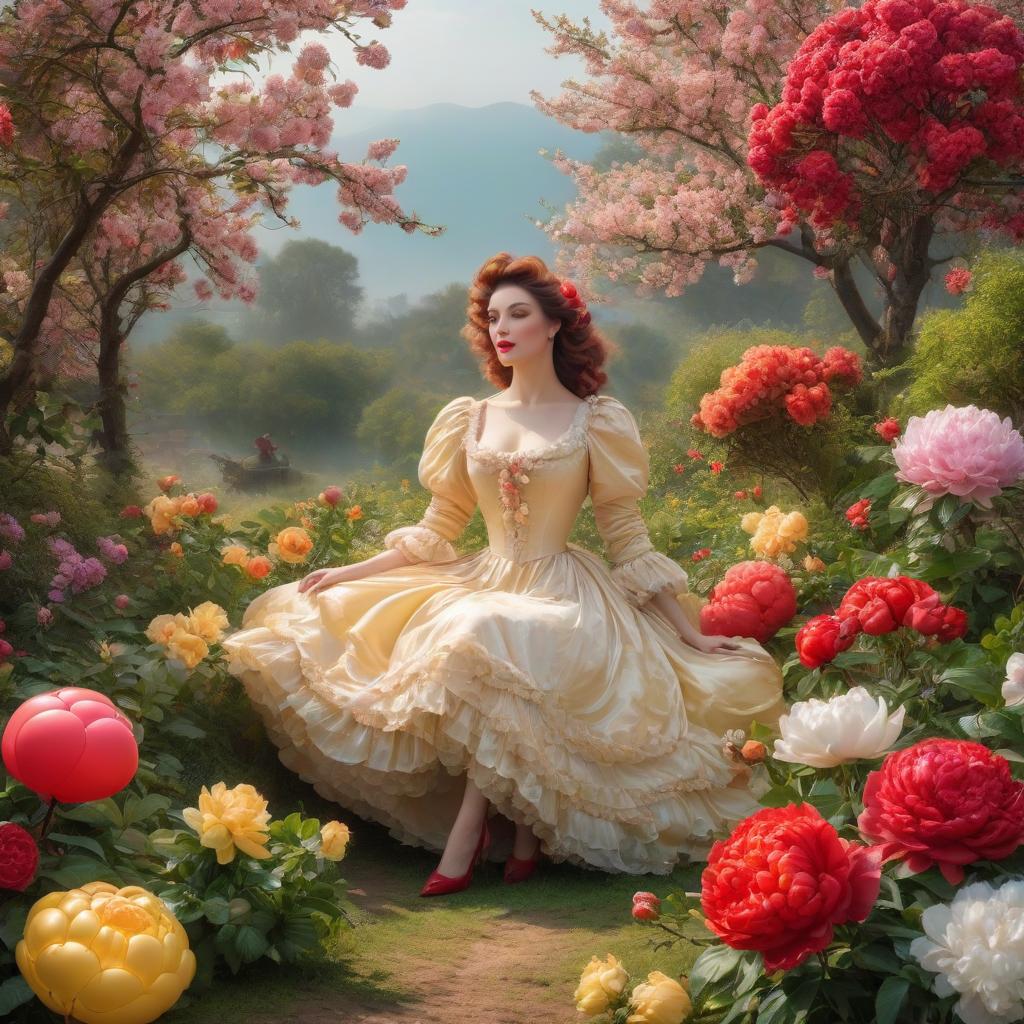  А large balloon. Lightness, spring. (Sparkling rim)): spring field, hyacinths, roses, rosehips, rose hips, peonies, cherry tree, yellow, red. Рroper eye work.. Honoré Fargonard, Alfonso Mucha. hyperrealistic, full body, detailed clothing, highly detailed, cinematic lighting, stunningly beautiful, intricate, sharp focus, f/1. 8, 85mm, (centered image composition), (professionally color graded), ((bright soft diffused light)), volumetric fog, trending on instagram, trending on tumblr, HDR 4K, 8K