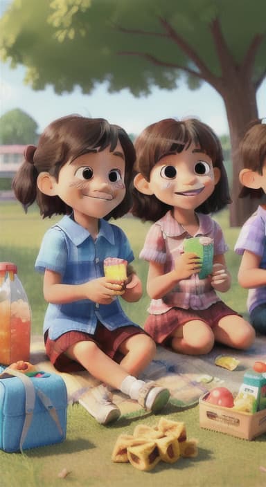  {Kids sitting around a picnic blanket, enjoying juice boxes and snacks., Children happily eating snacks, with crumbs on their faces and big smiles.