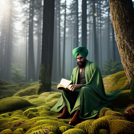 redshift style A picture of a man wearing a green turban and a green cloak, holding a book in his right hand, sitting in the forest hyperrealistic, full body, detailed clothing, highly detailed, cinematic lighting, stunningly beautiful, intricate, sharp focus, f/1. 8, 85mm, (centered image composition), (professionally color graded), ((bright soft diffused light)), volumetric fog, trending on instagram, trending on tumblr, HDR 4K, 8K