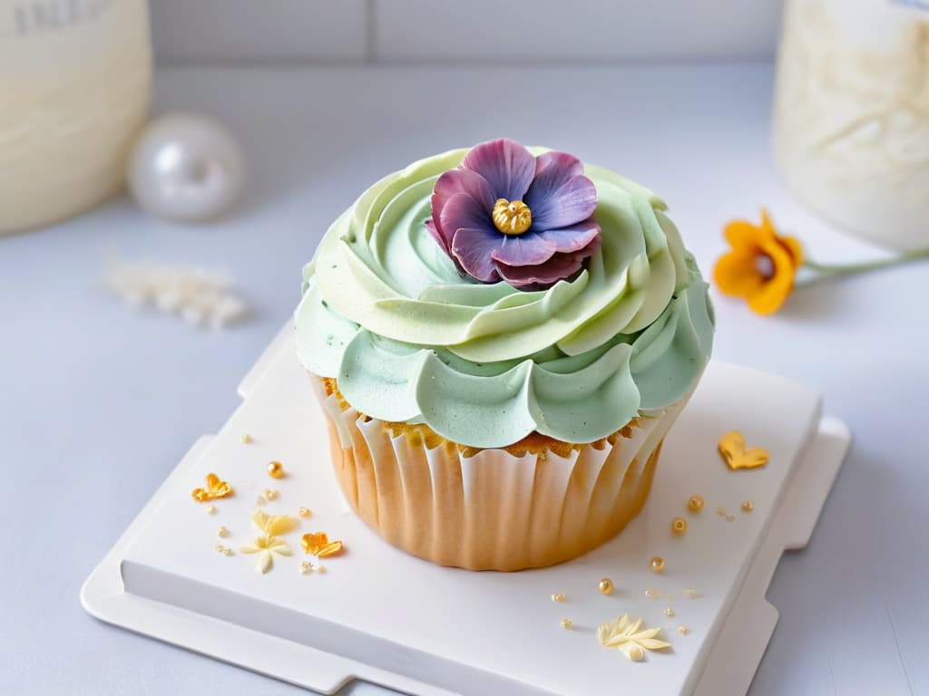  An ultradetailed closeup image of a beautifully decorated cupcake with intricate frosting swirls in pastel colors, topped with delicately placed edible flowers and shimmering gold leaf accents. The lighting is soft and diffused, highlighting every exquisite detail of the dessert, showcasing the craftsmanship and artistry involved in creating such a masterpiece. hyperrealistic, full body, detailed clothing, highly detailed, cinematic lighting, stunningly beautiful, intricate, sharp focus, f/1. 8, 85mm, (centered image composition), (professionally color graded), ((bright soft diffused light)), volumetric fog, trending on instagram, trending on tumblr, HDR 4K, 8K