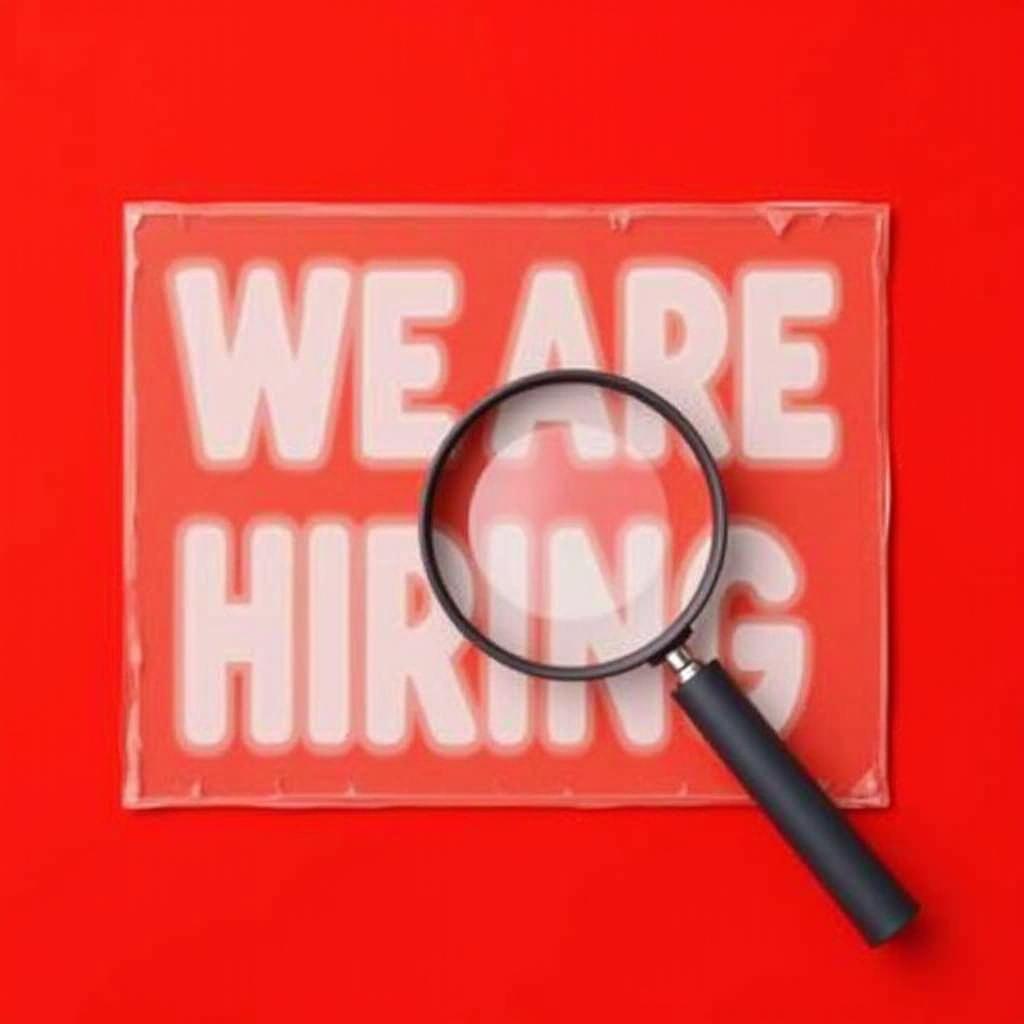  good quality, high quality, a clear 'we are hiring' sign on a red backdrop featuring a magnifying glass, emphasizing the active search for new employees and creating an inviting and urgent call to action