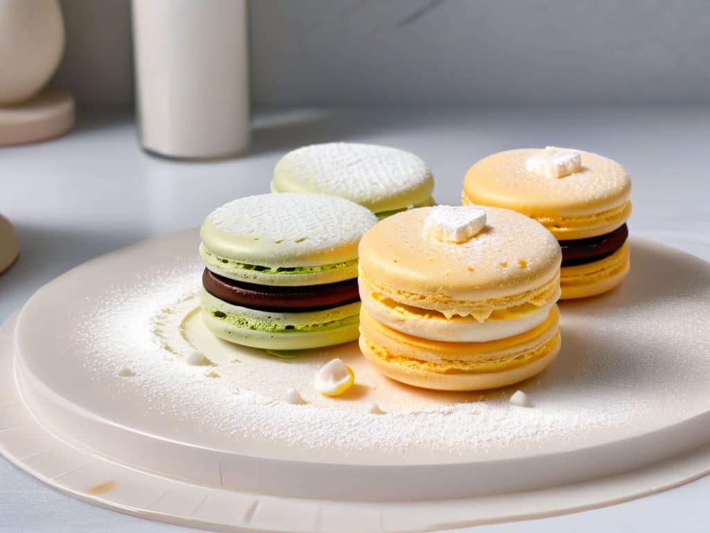  A closeup, ultrahighresolution image of a perfectly balanced macaron, showcasing its smooth, glossy surface with a delicate dusting of powdered sugar. The macaron is elegantly placed on a sleek, white marble countertop, with soft natural light illuminating its vibrant color and intricate details. The focus is on the precision and artistry of this popular French pastry, symbolizing the harmonious balance of sweet, acidic, salty, and bitter flavors in the world of pastry and baking. hyperrealistic, full body, detailed clothing, highly detailed, cinematic lighting, stunningly beautiful, intricate, sharp focus, f/1. 8, 85mm, (centered image composition), (professionally color graded), ((bright soft diffused light)), volumetric fog, trending on instagram, trending on tumblr, HDR 4K, 8K