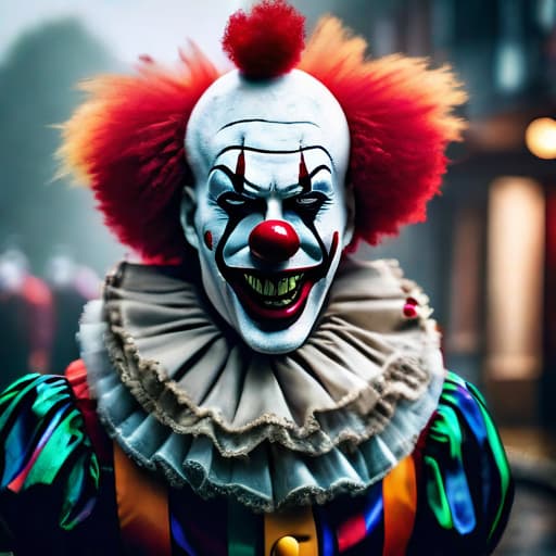  a horror clown smiling hyperrealistic, full body, detailed clothing, highly detailed, cinematic lighting, stunningly beautiful, intricate, sharp focus, f/1. 8, 85mm, (centered image composition), (professionally color graded), ((bright soft diffused light)), volumetric fog, trending on instagram, trending on tumblr, HDR 4K, 8K