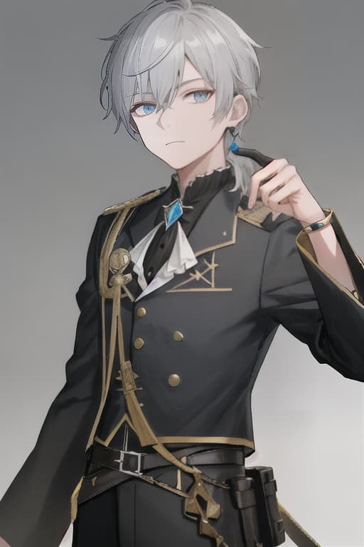  solo,looking at viewer,short hair,bangs,blue eyes,simple background,shirt,long sleeves,1boy,white background,hair between eyes,jewelry,closed mouth,upper body,grey hair,male focus,earrings,frills,hand up,grey background,black shirt,brooch,gem,low ponytail,blue gemstone,shota,