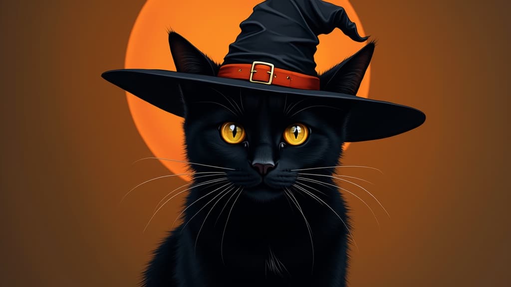  good quality, high quality, black cat wearing witch hat halloween illustration