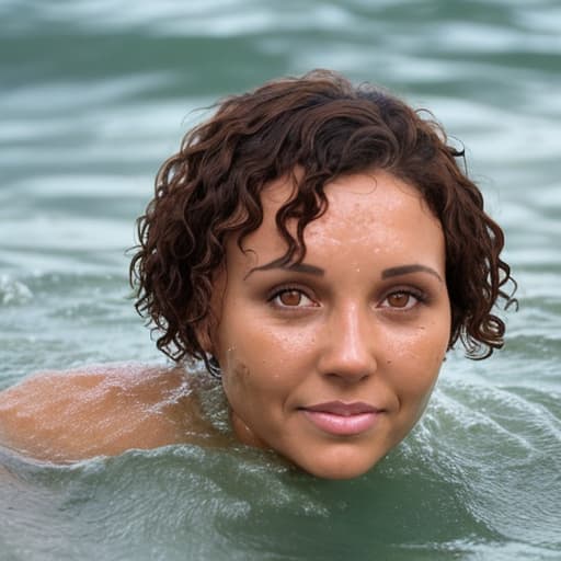  tanned woman's face with short and curly hair is in the water she's drowning