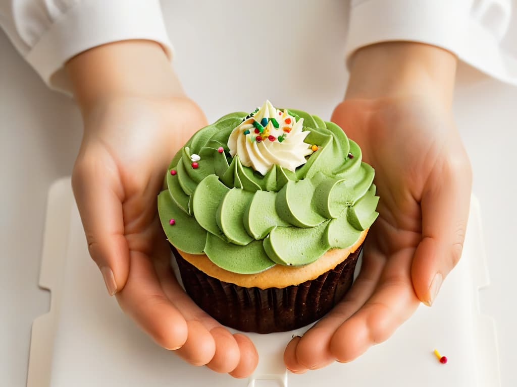  A minimalistic image of a pair of hands delicately holding a beautifully decorated cupcake, showcasing intricate details of the frosting design and sprinkles on a plain white background. The hands appear to be of a skilled baker, exuding a sense of precision and care in their craft, symbolizing the importance of Fair Trade in the art of pastrymaking. hyperrealistic, full body, detailed clothing, highly detailed, cinematic lighting, stunningly beautiful, intricate, sharp focus, f/1. 8, 85mm, (centered image composition), (professionally color graded), ((bright soft diffused light)), volumetric fog, trending on instagram, trending on tumblr, HDR 4K, 8K