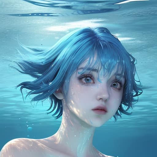  A girl under water with short blue hair no reaciton