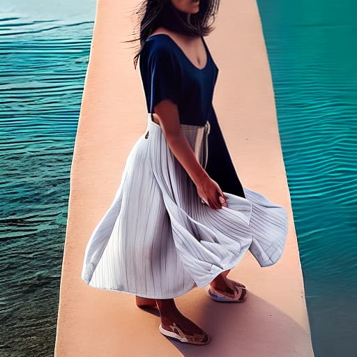  A fashion editorial style image, minimalistic in treatment, featuring a very wide shot of a young dusky Indian woman on the banks of a river in Gujarat in a deep cut backless blouse and long heavy Indian skirt