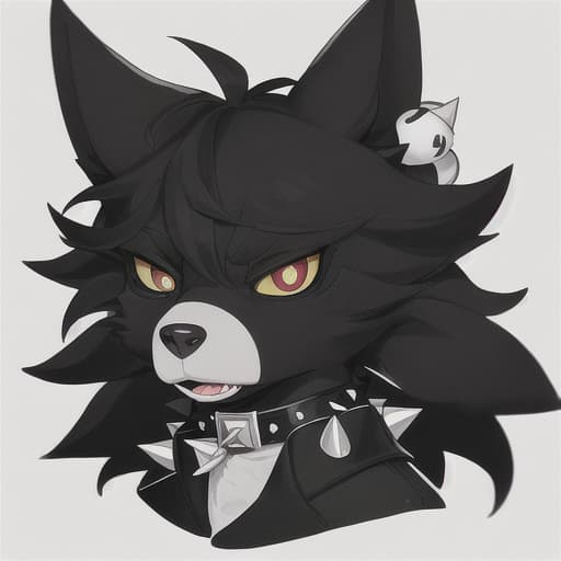  a furry with black fur, 4 eyes, red pupils and yellow eyes, big ears and a spiked collar with a white bell on it