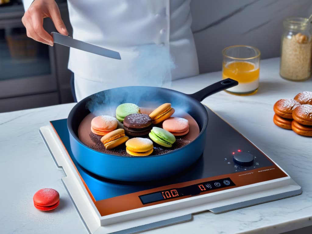  A photorealistic image showcasing a sleek, modern kitchen countertop with a stateoftheart induction cooktop. The cooktop is adorned with various pots and pans, emitting a soft blue light indicating its hightech features. Steam rises gently from a copper saucepan, while a chef's hand elegantly stirs a glossy chocolate mixture in a clear glass bowl. The background features a bustling bakery scene, with colorful macarons, fluffy cakes, and delicate pastries displayed artfully on marble countertops. hyperrealistic, full body, detailed clothing, highly detailed, cinematic lighting, stunningly beautiful, intricate, sharp focus, f/1. 8, 85mm, (centered image composition), (professionally color graded), ((bright soft diffused light)), volumetric fog, trending on instagram, trending on tumblr, HDR 4K, 8K