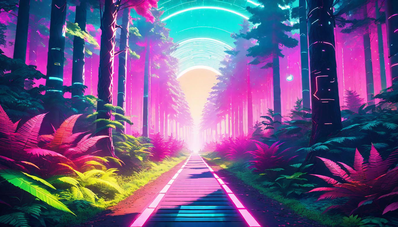  vaporwave,cyberpunk game style A pathway diverging in a forest, illuminated by sunlight, symbolizes the shift from enabling to empowering in the healer's journey. Pathway in forest, sunlight, shift from enabling to empowering.eon, dystopian, futuristic, digital, vibrant, detailed, high contrast, reminiscent of cyberpunk genre video games,retro aesthetic, cyberpunk, vibrant, neon colors, vintage 80s and 90s style, highly detailed