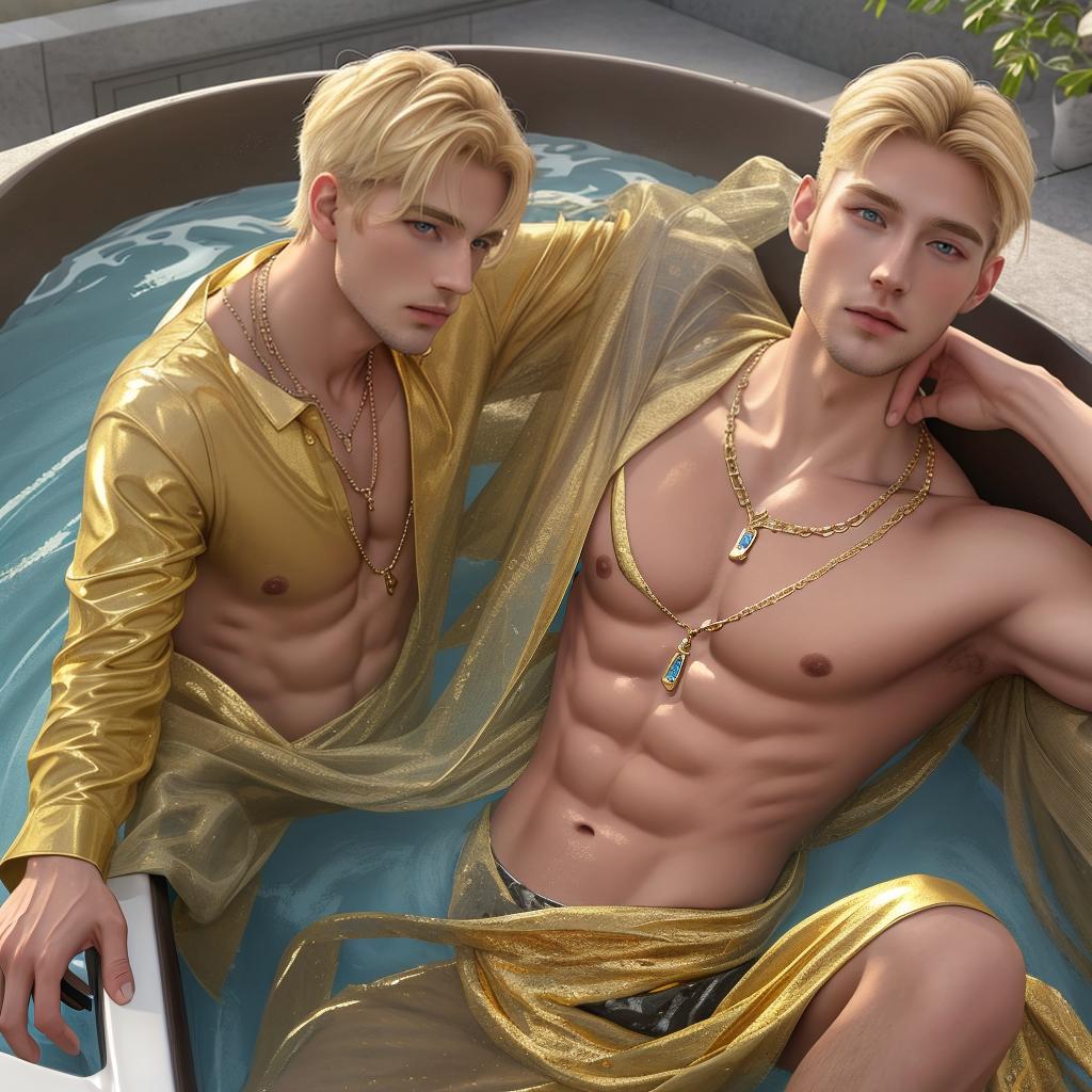  masterpiece, best quality, A toned Swedish man with short blonde hair and gold necklace relaxing in a steaming hot tub(masterpiece, best quality, high quality, highres, ultra-detailed), realistic,1 short hair,((blonde hair)), human, blue eyes, olive skin, bare shoulders, jewelry, (, necklace,