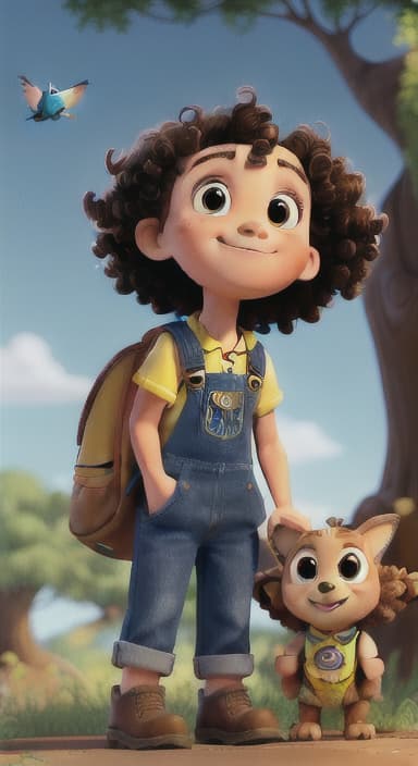  {Riley looking up at the tree with a big smile, animals surrounding them., Riley, a curious with big brown eyes and curly hair, wearing overalls and carrying a small backpack. Their friend, Skye, a bluebird with shiny feathers.