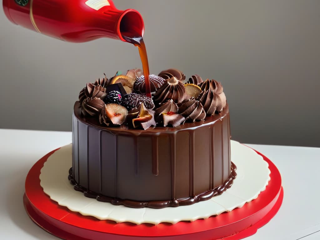  A closeup, ultradetailed image of a glossy, perfectly smooth chocolate ganache being poured over a decadent, multilayered cake, showcasing the precise textures and temperatures needed for a flawless dessert creation. hyperrealistic, full body, detailed clothing, highly detailed, cinematic lighting, stunningly beautiful, intricate, sharp focus, f/1. 8, 85mm, (centered image composition), (professionally color graded), ((bright soft diffused light)), volumetric fog, trending on instagram, trending on tumblr, HDR 4K, 8K