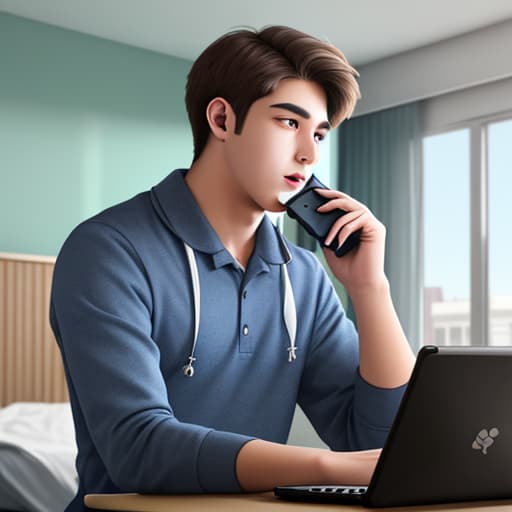  Male college students make phone calls in their dorms,