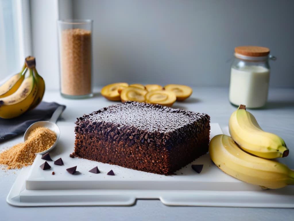  A beautifully styled minimalist image featuring a sleek, modern kitchen countertop adorned with an array of fresh, vibrant vegan baking ingredients such as flaxseed, coconut milk, ripe bananas, and artisanal dark chocolate bars. The soft natural light filtering in through a nearby window casts gentle shadows, highlighting the textures and colors of the ingredients, creating a visually captivating and enticing scene for vegan baking enthusiasts. hyperrealistic, full body, detailed clothing, highly detailed, cinematic lighting, stunningly beautiful, intricate, sharp focus, f/1. 8, 85mm, (centered image composition), (professionally color graded), ((bright soft diffused light)), volumetric fog, trending on instagram, trending on tumblr, HDR 4K, 8K