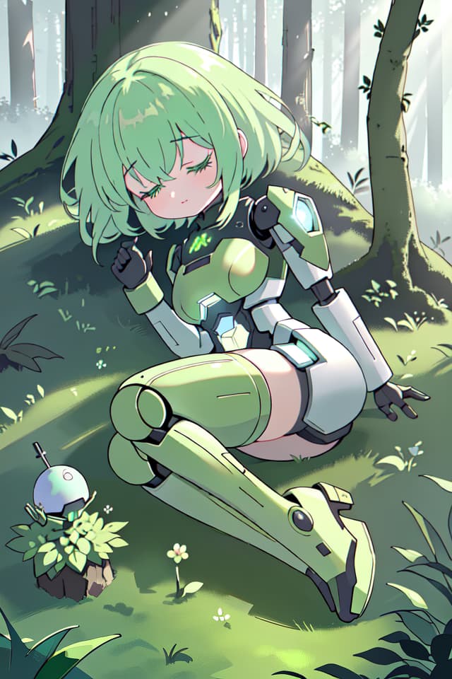  ((Mossy robot, broken robot girl lying in the forest, Half Opened Eyes Sleeping)), sprout, Green Hair 1 Girl, (Absurdress, masterpiece, ultimate quality), official art, aesthetic, (diffusion lighting, environment) Lighting), detailed skin texture, best shadow, very detail, colorful, 8k Wallpaper, Raw Photoristic Detailed, Dutch Angle, 💩, 💩, 💩, hyperrealistic, full body, detailed clothing, highly detailed, cinematic lighting, stunningly beautiful, intricate, sharp focus, f/1. 8, 85mm, (centered image composition), (professionally color graded), ((bright soft diffused light)), volumetric fog, trending on instagram, trending on tumblr, HDR 4K, 8K