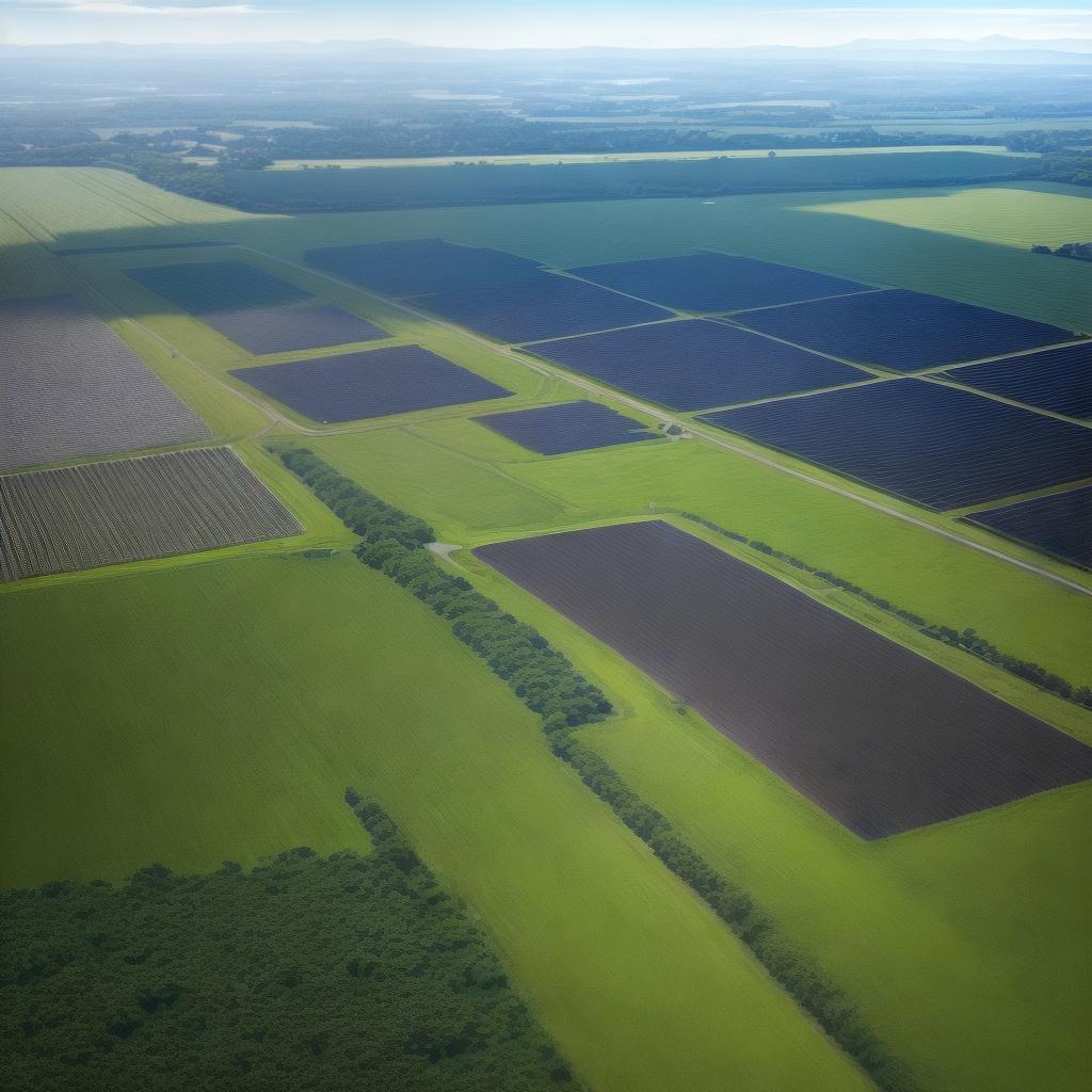  ((Masterpiece)), (((best quality))), 8k, high detailed, ultra-detailed. An aerial view of a photovoltaic farm with an energy storage facility. The sky has a realistic and detailed color gradient from #5FA0BF to #CFC2BA at the horizon of trees. The main subject of the scene is a spacious solar farm with rows of photovoltaic panels across the landscape. The panels glisten under the sunlight, reflecting the vibrant colors of the sky. Surrounding the solar farm is a lush green field with neatly arranged trees in the distance. The energy storage facility stands prominently near the edge of the farm, with its sleek and modern design. The facility features multiple large batteries and advanced equipment. The whole scene is captured from an  hyperrealistic, full body, detailed clothing, highly detailed, cinematic lighting, stunningly beautiful, intricate, sharp focus, f/1. 8, 85mm, (centered image composition), (professionally color graded), ((bright soft diffused light)), volumetric fog, trending on instagram, trending on tumblr, HDR 4K, 8K