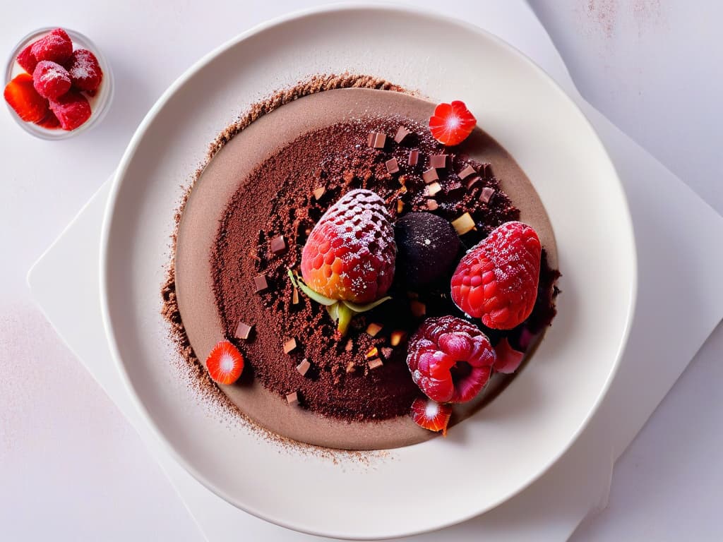  A minimalist image of a decadent chocolate avocado mousse topped with fresh raspberries and a sprinkle of cocoa powder, presented elegantly on a white plate against a soft pastel background. The smooth texture of the mousse contrasts with the vibrant red of the raspberries, creating a visually striking and appetizing composition that conveys the idea of indulgent yet healthy sugarfree desserts. hyperrealistic, full body, detailed clothing, highly detailed, cinematic lighting, stunningly beautiful, intricate, sharp focus, f/1. 8, 85mm, (centered image composition), (professionally color graded), ((bright soft diffused light)), volumetric fog, trending on instagram, trending on tumblr, HDR 4K, 8K