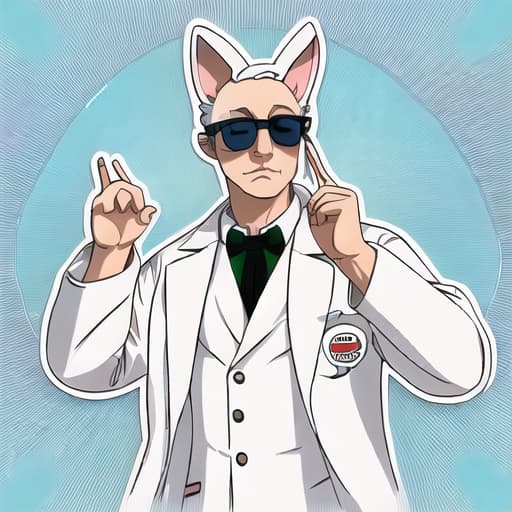  Create a white rabbit in a lab coat wearing cool sunglasses, cartoon sticker style