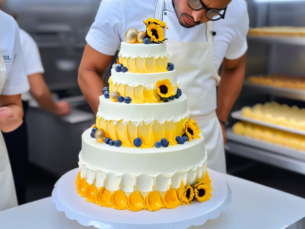  An ultradetailed image of a pastry chef calmly and skillfully decorating a multitiered wedding cake in a pristine white bakery kitchen. The chef's hands expertly pipe delicate swirls of frosting onto the cake, showcasing a sense of precision and artistry. The background features sleek, modern kitchen equipment neatly organized, with soft natural light streaming in through large windows, casting a warm glow over the scene. hyperrealistic, full body, detailed clothing, highly detailed, cinematic lighting, stunningly beautiful, intricate, sharp focus, f/1. 8, 85mm, (centered image composition), (professionally color graded), ((bright soft diffused light)), volumetric fog, trending on instagram, trending on tumblr, HDR 4K, 8K