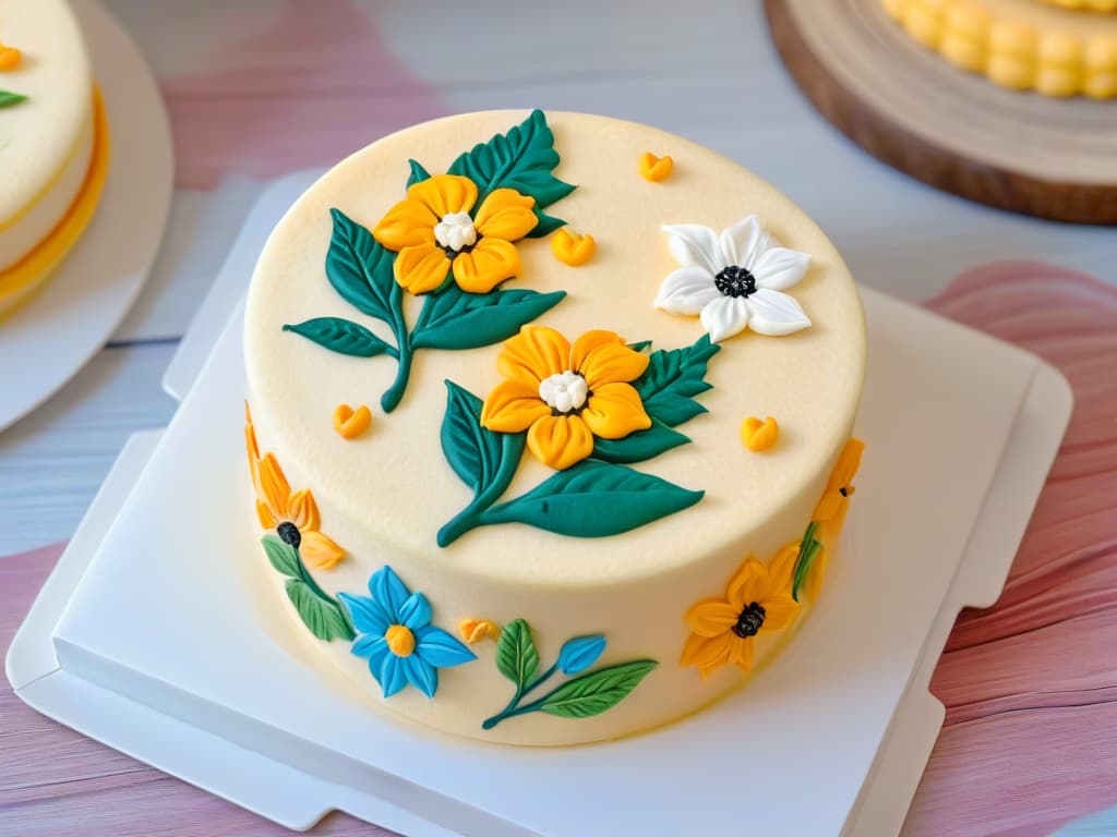  An ultradetailed closeup image of a delicate, handpainted floral design on a sugar cookie, showcasing the intricate brush strokes and vibrant colors of the edible paint. The image captures the fine details of the petals, leaves, and stems, highlighting the artistry and elegance of using edible paint in creative pastry decorations. hyperrealistic, full body, detailed clothing, highly detailed, cinematic lighting, stunningly beautiful, intricate, sharp focus, f/1. 8, 85mm, (centered image composition), (professionally color graded), ((bright soft diffused light)), volumetric fog, trending on instagram, trending on tumblr, HDR 4K, 8K